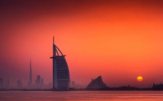Картинка рассвет, небо, Dubai, ОАЭ, Дубай, солнце, Джумейра-Бич-отель, Бурдж Аль Араб