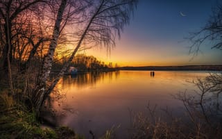 Картинка закат, озеро, деревья