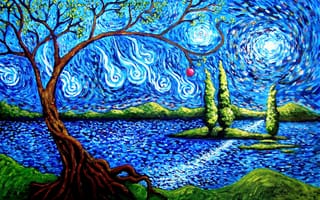 Картинка дерево, небо, абстракция, озеро, остров, арт, яблоко