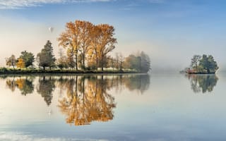Картинка деревья, воздушный шар, озеро, отражение, туман