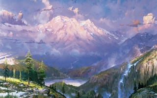 Обои Twilight Vista, живопись, Томас Кинкейд, Thomas Kinkade, озеро, водопад, сумерки, снег, painting, пейзаж, горы, природа