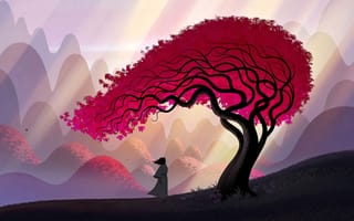 Картинка kimono, hills, branches, tree, Samurai, artwork, art, leaves, man