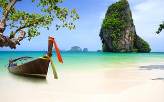 Картинка Пхукет, побережье, море, пляж, лодка, дерево, Тайланд, Азия, скала