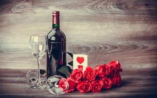 Картинка подарок, roses, hearts, romantic, valentine's day, красные розы, love, бокалы, gift, вино, red