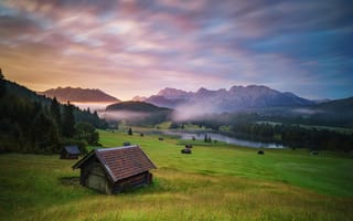 Картинка лес, домики, горы, озеро, Germany, фотограф Andy Donath, туман, Bayerische Alpen, Германия
