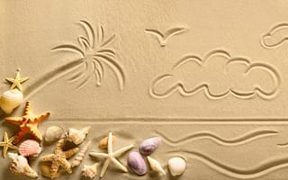 Картинка песок, sand, seashells, starfish, звезда, ракушки