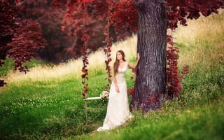 Картинка девушка, Red forest, качели, дерево