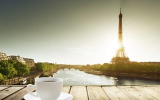 Картинка кофе, стол, Франция, чашка, чашка кофе, Эйфелева башня