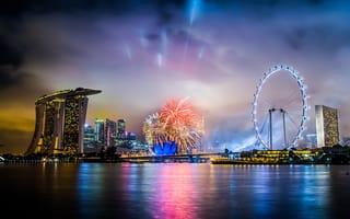 Картинка праздник, отель, салют, Сингапур, город, ночь, фейерверк