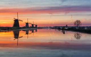 Картинка канал, Нидерланды, утро, вода, ветряные мельницы, вечер, дымка, туман