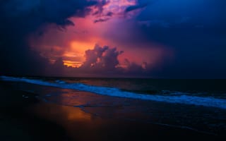Картинка небо, закат, пляж, красота, волны, море, пейзаж