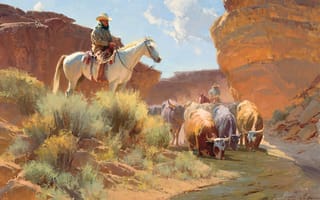Картинка картина, лошадь, коровы, река, водопой, ковбой