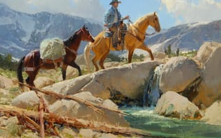 Картинка Anton Bill, река, горы, небо, пейзаж, лошадь, ковбой, ручей, камни