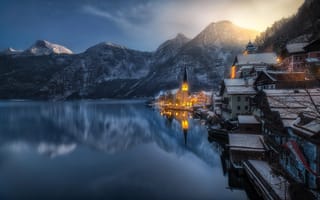 Картинка город, озеро, горы, свет, Австрия, поселок