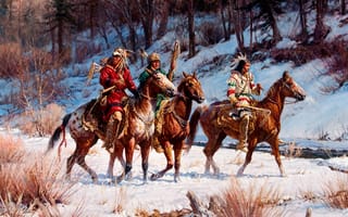 Обои Martin Grelle, дозор, лошадь, индейцы, лес, картина, On A Winter Quest, зима, пейзаж, ручей