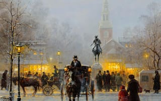 Картинка Harvey G, снег, зима, Бостон, карета, город, люди, картина, Winter Evening In Old Boston, памятник