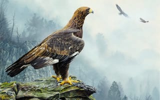 Картинка Alan M. Hunt, пейзаж, туман, орел, картина, деревья, полет, птица, природа, скалы, Golden Eagle