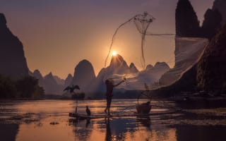 Картинка река, Китай, птицы, рыбак, солнце, сетка
