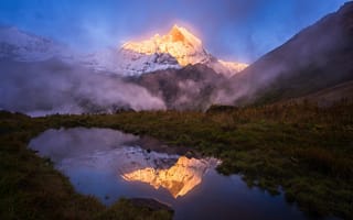 Картинка вершина, Гималаи, горы, природа, отражение, озеро, вода, свет, гора