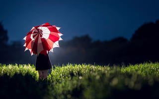Обои зонт, платье, свет, девушка, поле, силуэт