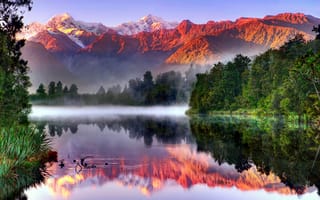 Картинка ледник Фокса, Национальный парк Вестленд, небо, Lake Matheson, Новая Зеландия, отражения, Южные Альпы, Южный остров, горы, гора Кука, лес, озеро