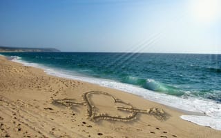 Картинка sand, романтика, beach, рисунок, пляж, heart, design by Marika, песок, love, любовь, сердце, sea, sunshine