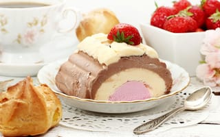 Картинка мороженое, профитроли, ложка, клубника, ягоды, пирожные, торт, чашка, десерт, сладкое, сладости