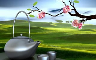 Картинка Восточные пейзажи, 3D, чашки, Сакура, чайник