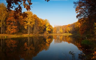Картинка природа, озеро, деревья, краски, отражения, небо, осень, пруд