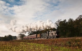Картинка вагоны, природа, паровоз, поезд, дым