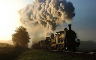 Обои поезд, природа, вагоны, железная дорога, паровоз, дым