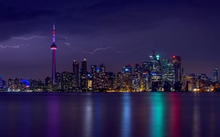 Картинка Канада, дома, вечер, Онтарио, небо, молния, гроза, огни, Торонто, свет, подсветка