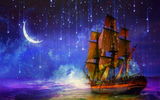 Картинка полумесяц, звёзды, корабль, парусник, art, море, ночь