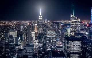 Картинка США, дома, Манхэттен, город, Нью-Йорк, ночные огни, Рокфеллеровский центр, свет, ночь