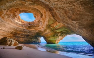Картинка algarve, песок, море, арка, берег, portugal, скала, Португалия, Алгарви, камни