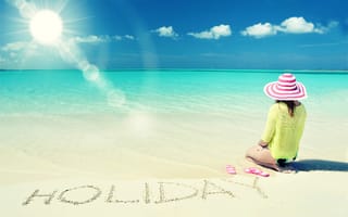 Обои summer, каникулы, sun, отдых, лето, солнце, море, sea, девушка, vacation, holiday, пляж, beach, шляпа