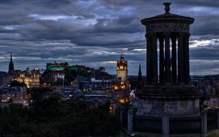 Картинка Великобритания, Шотландия, небо, тучи, освещение, архитектура, город, Эдинбург, столица, вечер