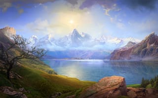 Картинка небо, горы, камни, лодка, парус, облака, скалы, озеро