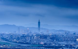 Картинка дымка, дома, город, туман, Китай, Тайвань, синий, небо, КНР, Тайбэй, панорама, башня, здания, ночь, вид