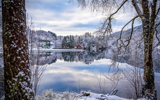 Картинка Норвегия, Sogn og Fjordane, Norway, зима, деревья, деревня, Flekke, Flekkefjorden, домики, отражение, фьорд
