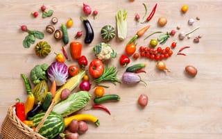 Картинка корзина, грибы, кукуруза, баклажаны, перец, тыква, овощи, арбуз