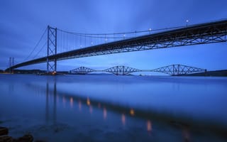 Картинка Шотландия, Forth Bridge, Scotland, river, Форт-Бридж, река, мост, Great Britain, синее, вечер, небо, Великобритания