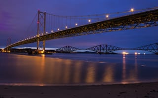 Картинка фиолетовое, синее, ночь, Forth Bridge, Великобритания, небо, река, мост, Шотландия, освещение, огни, Scotland, Great Britain, Форт-Бридж, river