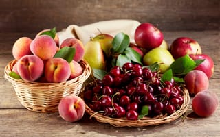 Картинка корзинка, черешня, яблоки, груши, персики