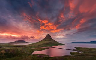 Картинка небо, гора Kirkjufell, полярный день, Исландия, облака, лето