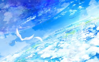 Картинка арт, луч, круги, высота, облака, птицы, небо, мост, yatsude