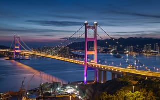 Картинка Гонконг, море, Сянган, мост, ночь, освещение, огни