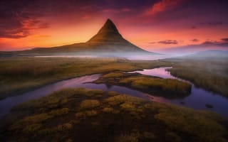Картинка вода, гора, дымка, утро, Исландия, вечер, свет