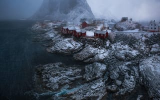 Картинка зима, снег, Норвегия, поселение, скалы