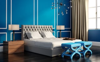 Обои bedroom, blue, спальня, кровать, интерьер
